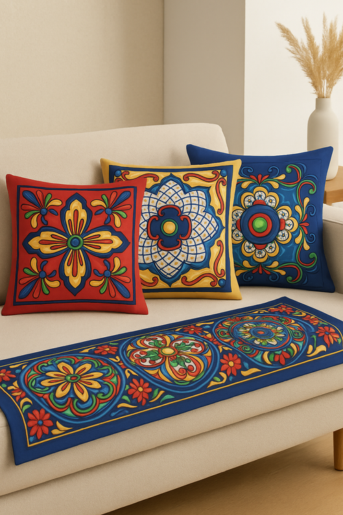 Akdeniz Tile Desenli 4'lü Kırlent ve Runner Seti