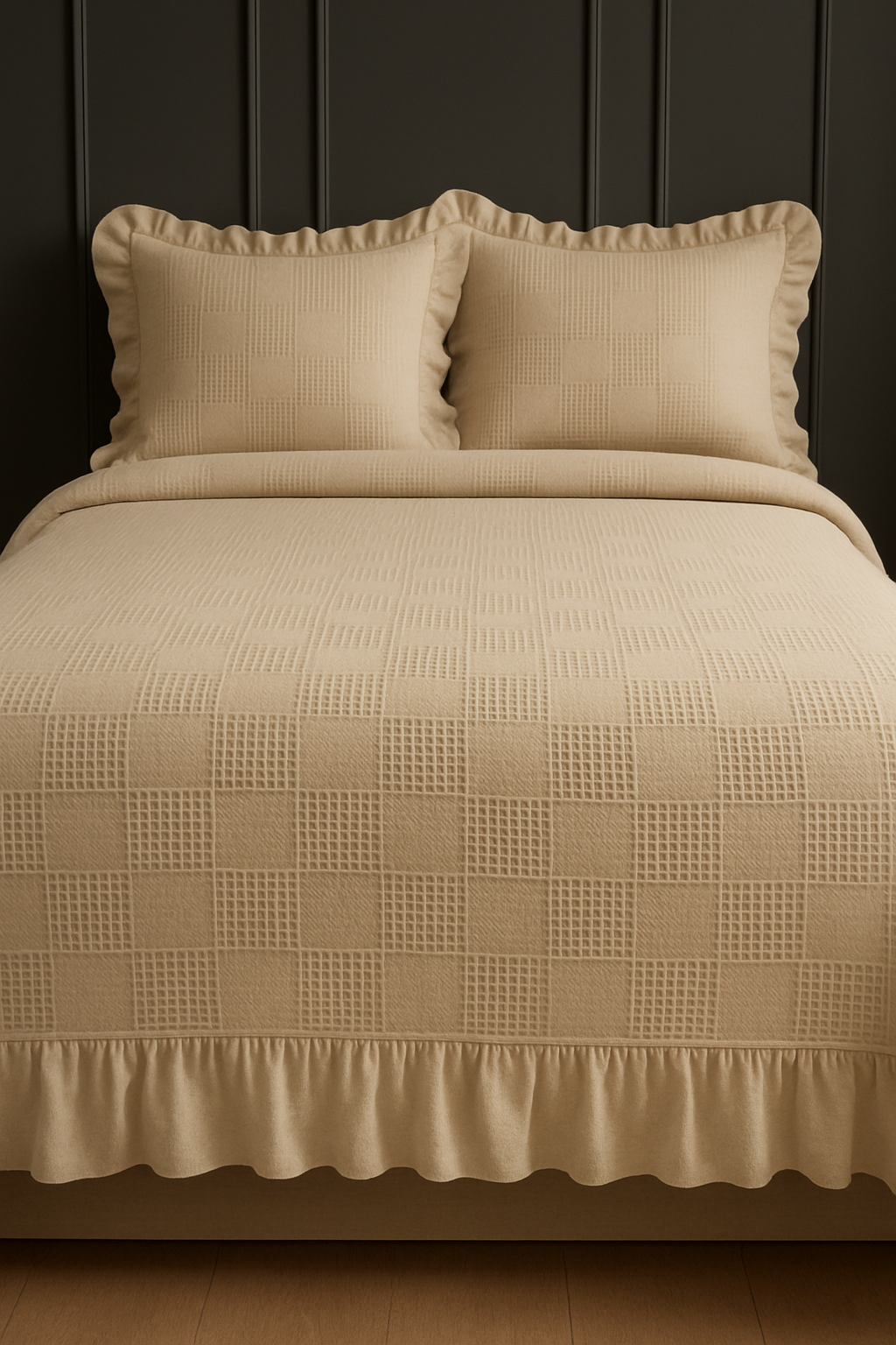 Çift Kişilik Krem Fırfırlı Pamuk Pike Seti 220x240
