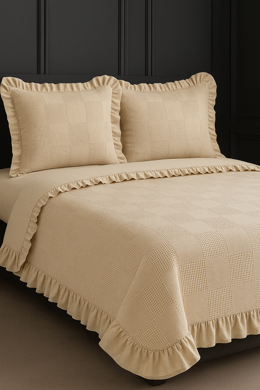 Çift Kişilik Krem Fırfırlı Pamuk Pike Seti 220x240