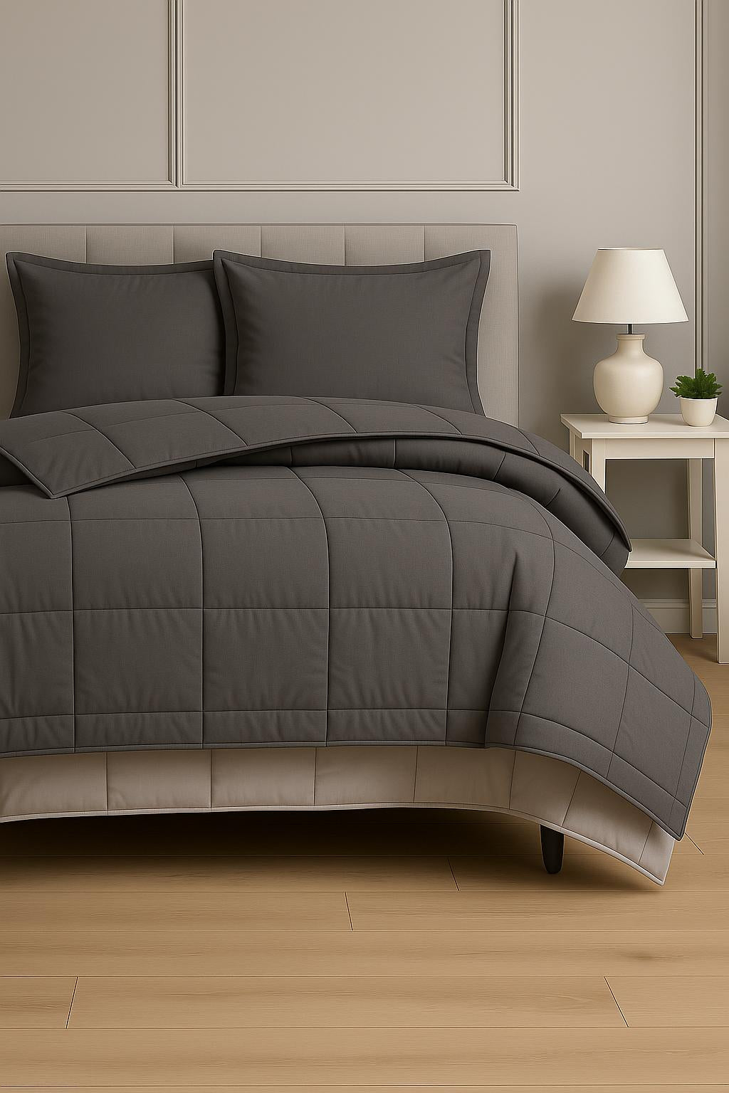 Çift Taraflı %100 Pamuk Yazlık Yorgan Takımı Lacivert-Gri Renk | Çift Kişilik | 2 Yastık Kılıflı