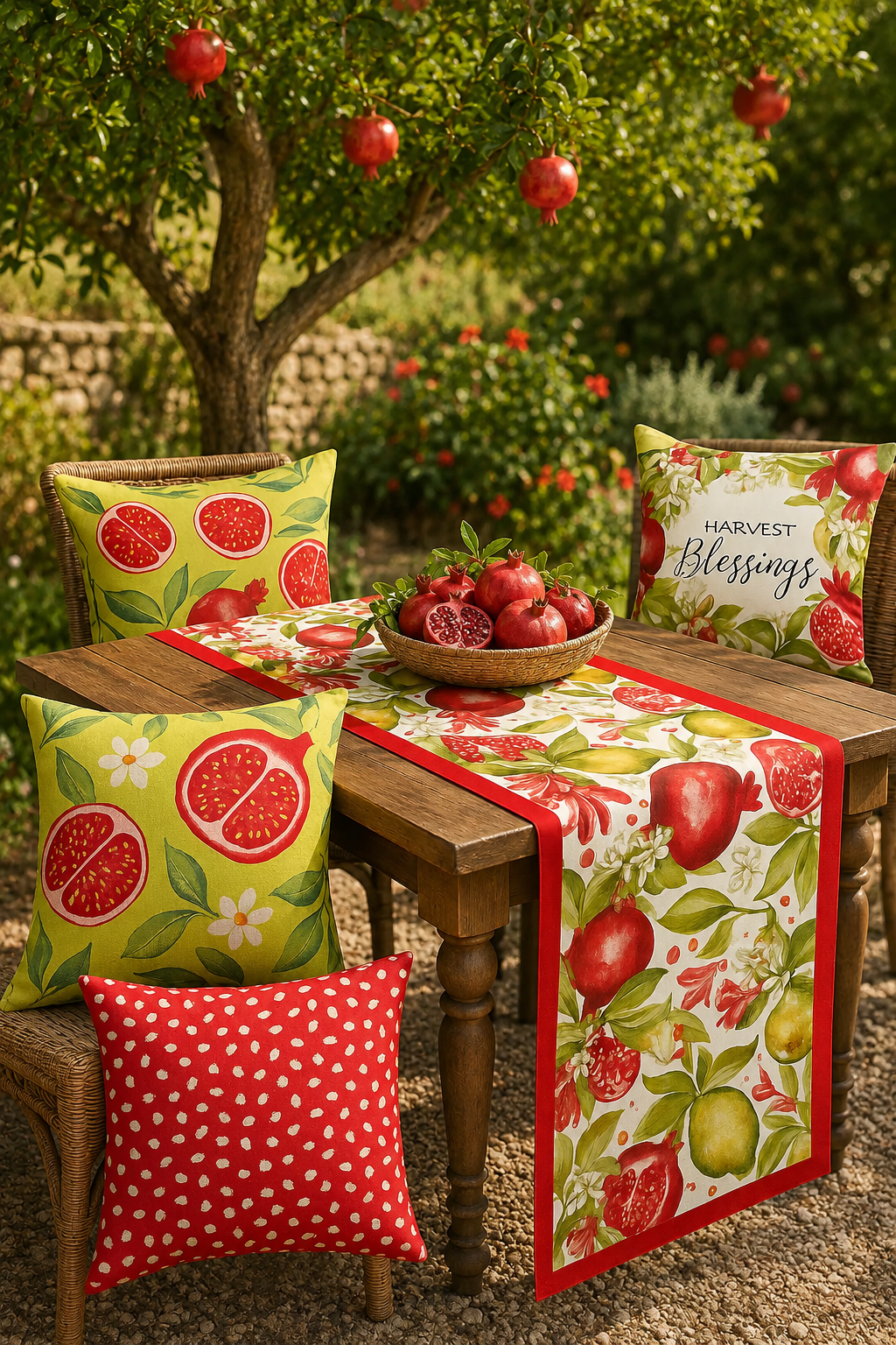Nar Desenli Kırlent ve Runner Takımı – 5 Parça Leke Tutmaz Yazlık Set - Pomelo Home