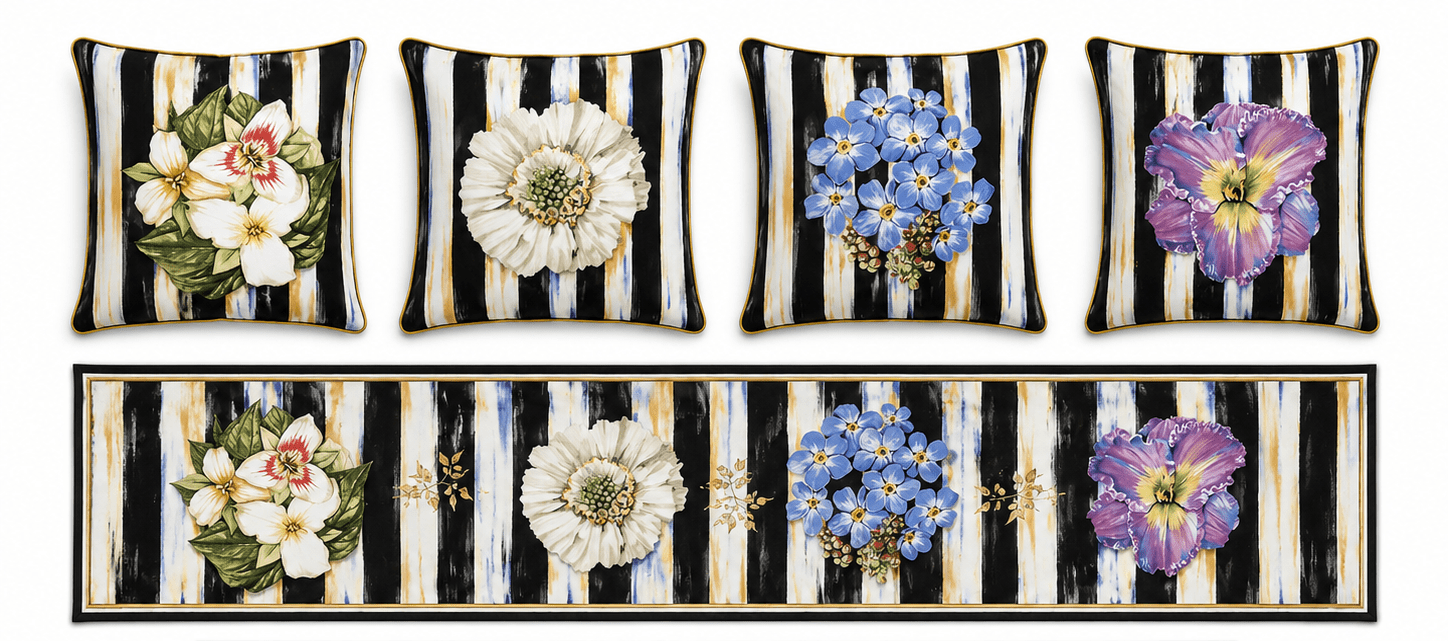 Noir Flora – 4 Kırlent Kılıfı &amp; 1 Runner Seti - Pomelo Home