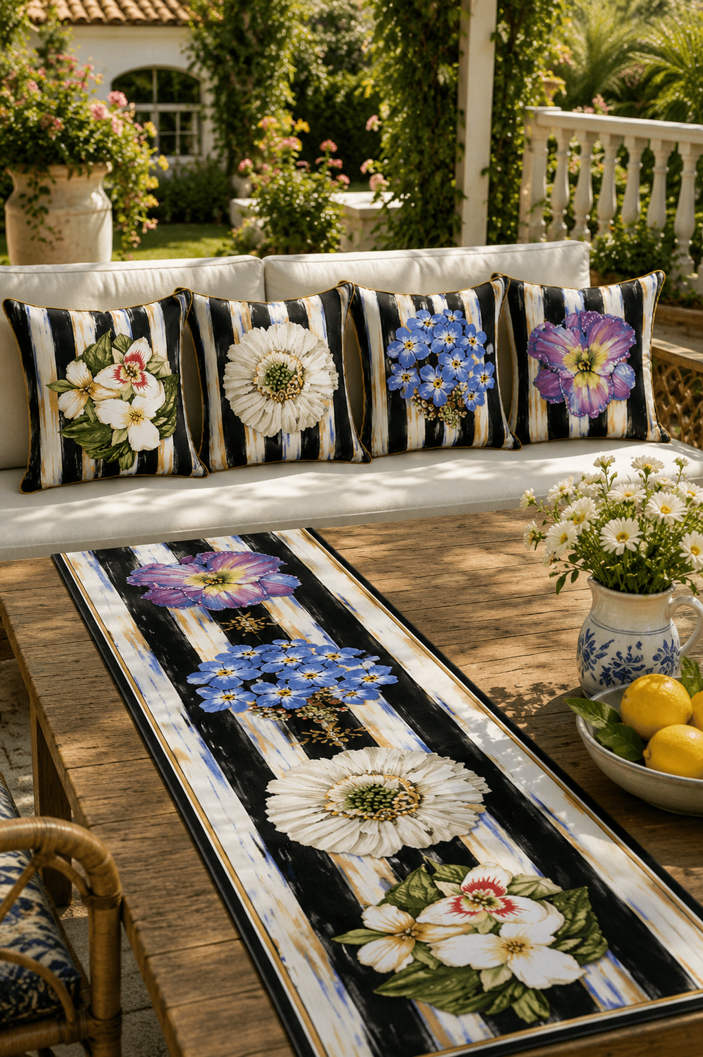 Noir Flora – 4 Kırlent Kılıfı &amp; 1 Runner Seti - Pomelo Home