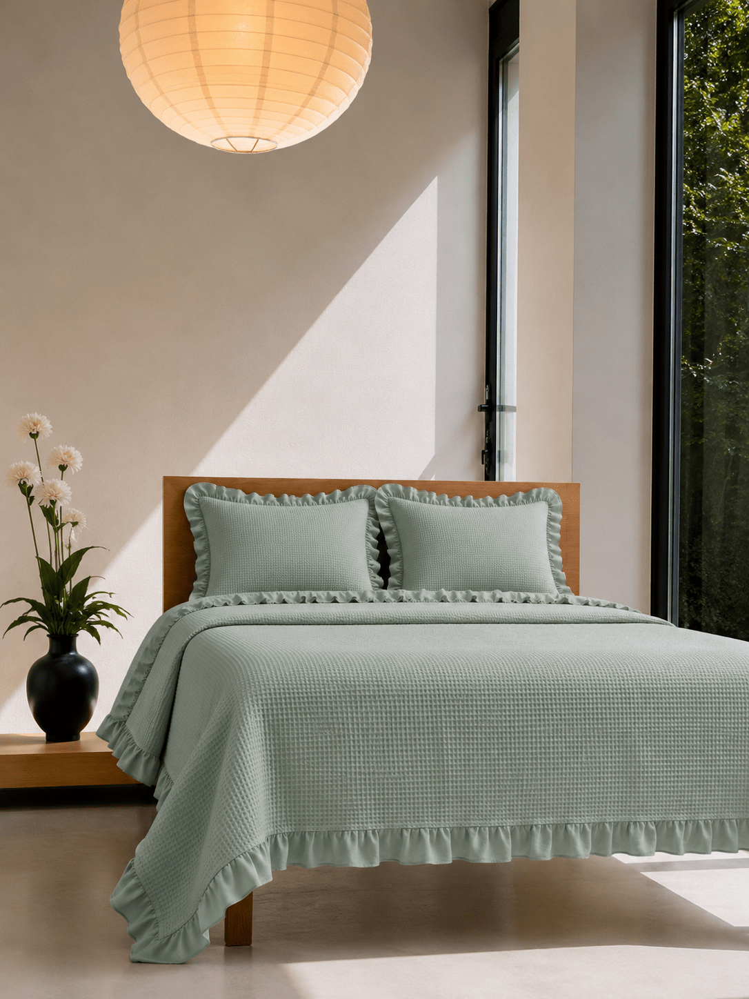 Tek Kişilik Fırfırlı %100 Pamuk Pike Yatak Örtüsü Takımı Ada Çayı - Pomelo Home