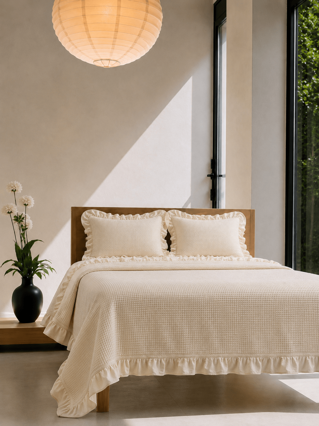 Tek Kişilik Fırfırlı %100 Pamuk Pike Yatak Örtüsü Takımı Ekru - Pomelo Home