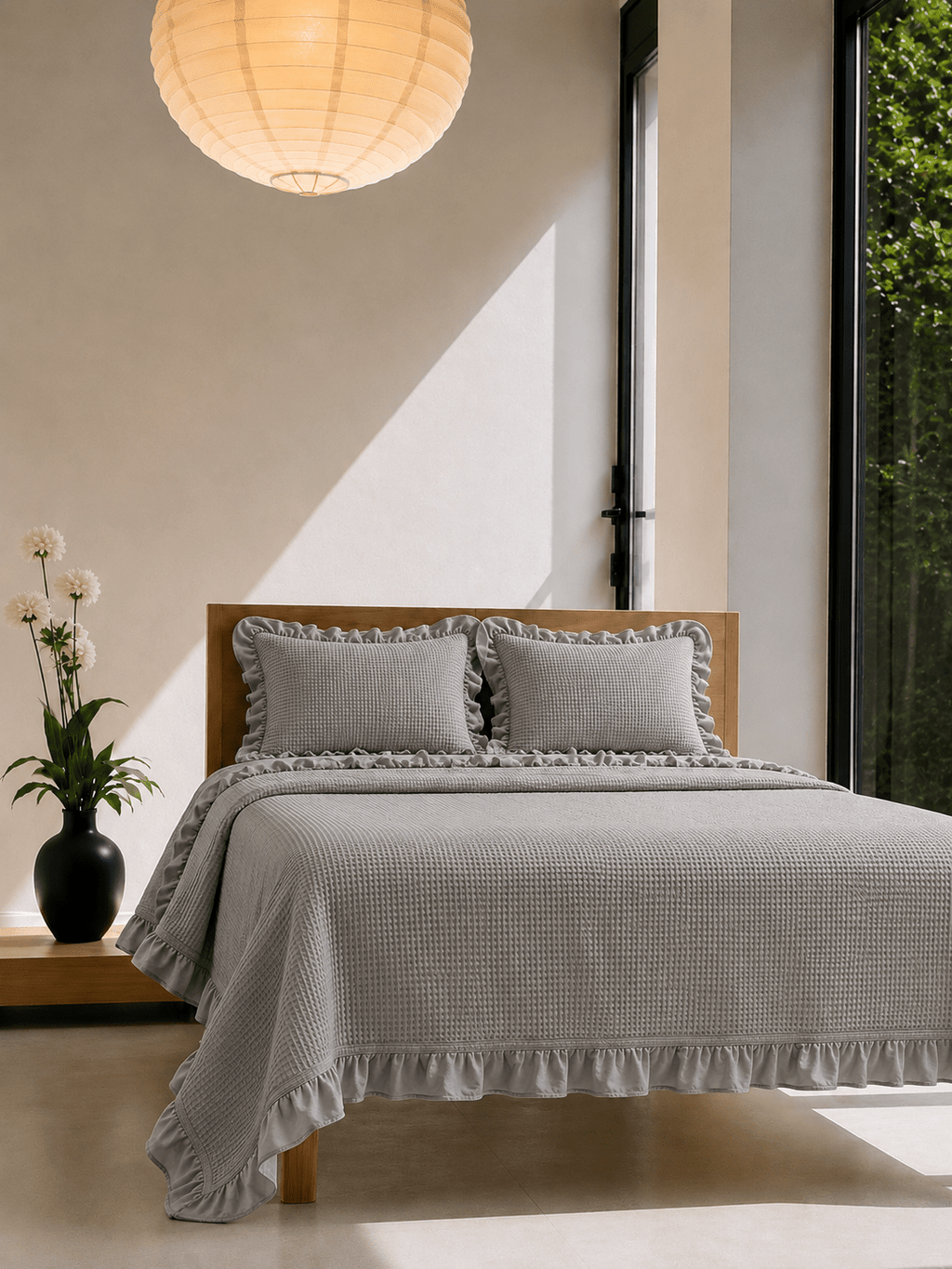 Tek Kişilik Fırfırlı %100 Pamuk Pike Yatak Örtüsü Takımı Gri - Pomelo Home