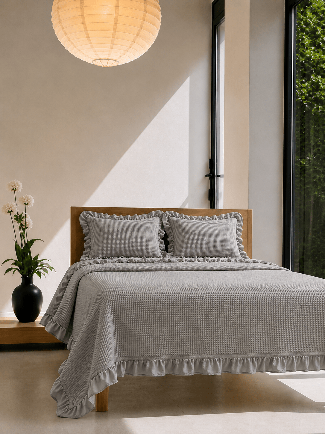Tek Kişilik Fırfırlı %100 Pamuk Pike Yatak Örtüsü Takımı Gri - Pomelo Home