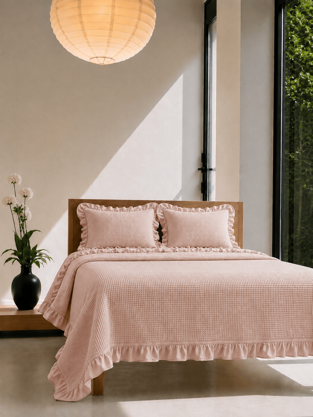 Tek Kişilik Fırfırlı %100 Pamuk Pike Yatak Örtüsü Takımı Pudra - Pomelo Home