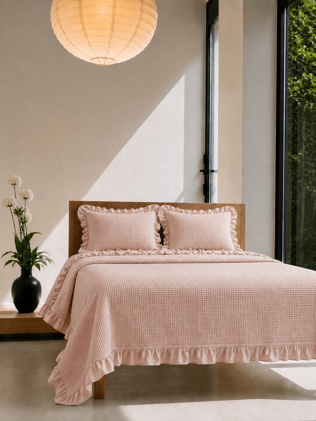 Tek Kişilik Fırfırlı %100 Pamuk Pike Yatak Örtüsü Takımı Pudra - Pomelo Home